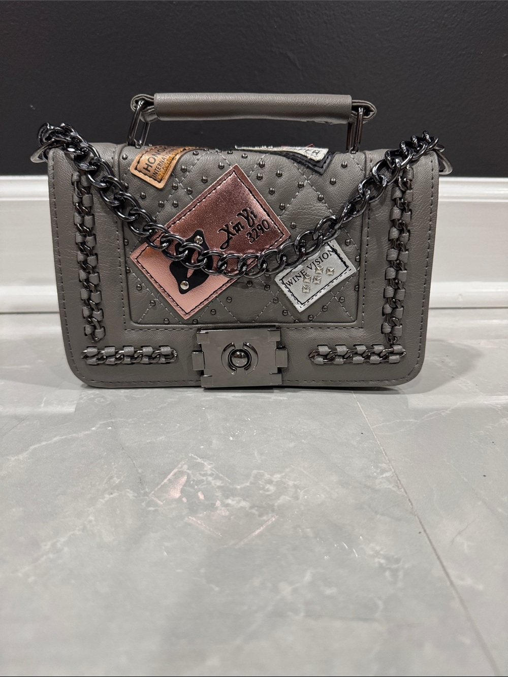 Quilted Gray Patch Accent Chain-Handle Crossbody